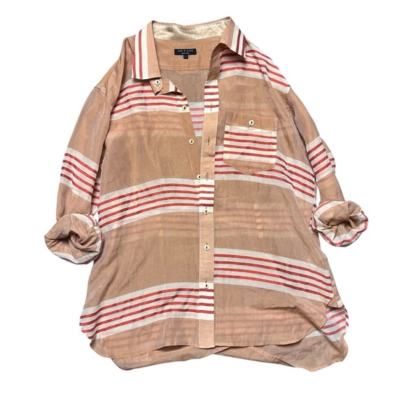 Rag & Bone Jane Beige Stripe Silk Blend Sheer Button Down Shirt Size 10 - Picture 2 of 7